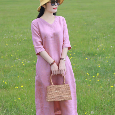 Đầm suông linen nữ cổ V, thiết kế trơn basic, thời trang nữ thanh lịch, nhẹ nhàng NH198 hồng