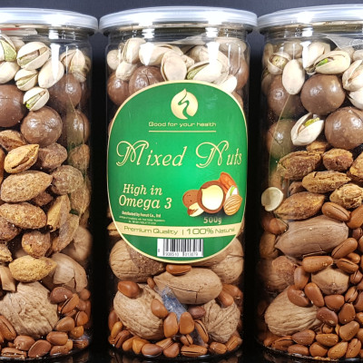 Mixed nuts 6 loại hạt dinh dưỡng Macca, Óc Chó, Hạnh Nhân, Hạt Hồ Đào, Hat Dẻ Cười, Hạt Thông (hũ 500gr)