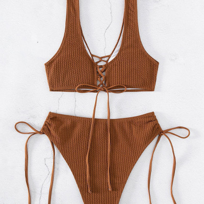 Sét bikini 2 mảnh quây cúp ngực khoen tròn màu trơn khoét eo đi biển sexy