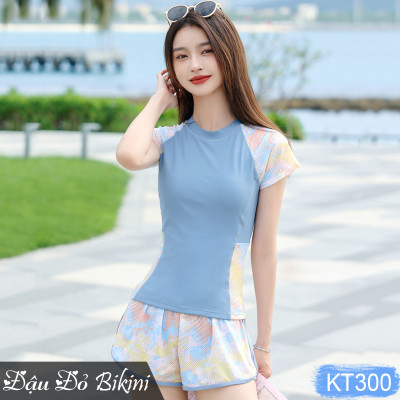 Bộ bơi nữ dáng áo thun ngắn tay quần short đùi 2 lớp kín đáo, có sẵn đệm ngực tròn, thiết kế trẻ trung, dấu bụng tốt, chất thun bơi Hàn cao cấp | KT300