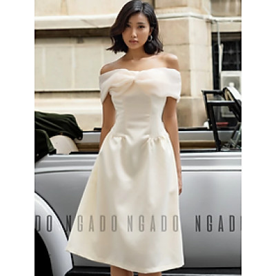 Đầm bẹt vai phối voan kem NGADO, Đầm dự tiệc sang chảnh, Đầm hở vai