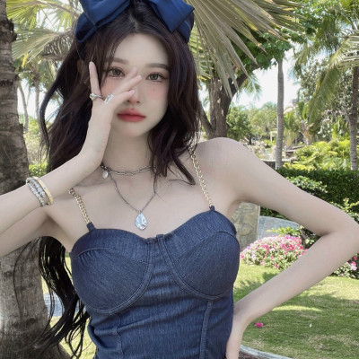 Áo Bra Nữ Dây Xích Chất Denim Mềm Dáng Lửng Sẵn Đệm Ngực Siêu Hot