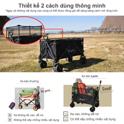 Xe kéo dã ngoại, ngoài trời, du lịch, cắm trại, picnic, đa năng bánh xe rộng có khóa cố định dung thích 230l gấp gọn