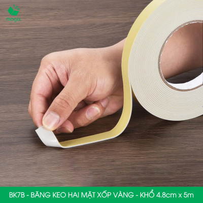 BK7B - 5 cuộn băng keo xốp 2 mặt siêu dính - Khổ 4.8cm x 5m - Băng dính xốp vàng, băng keo hai mặt