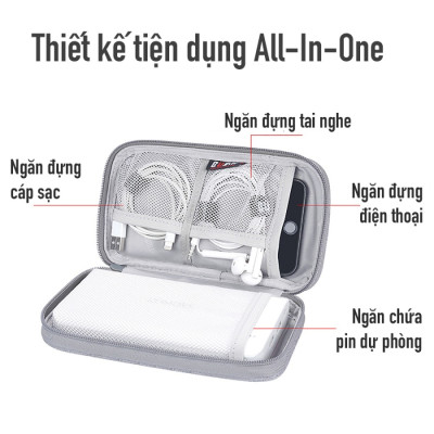 Túi phụ kiện công nghệ BUBM chuyên dụng 1 ngăn, 2 ngăn đựng dây cáp, pin sạc dự phòng có quai xách cầm tay tiện lợi- Hàng chính hãng