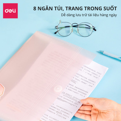 Cặp Túi Đựng Tài Liệu A4 Deli File Đựng Tài Liệu Hồ Sơ 8 Ngăn Túi Hồ Sơ Văn Phòng File Lưu Trữ Đa Năng Màu Hồng Pastel, Bìa Cứng Công Nghệ Mới Đẹp Long Lanh - Bột mịn lấp lánh