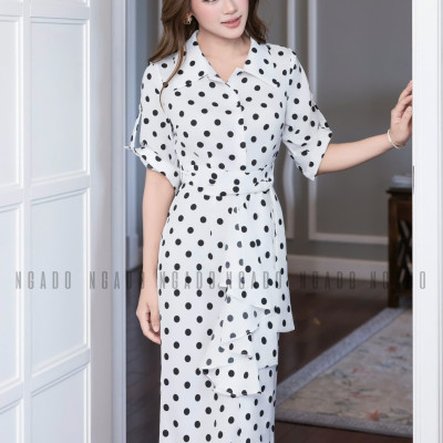 Đầm sơ mi chấm bi tay lửng NGADO , đầm sơ mi , đầm chấm bi , đầm kiểu