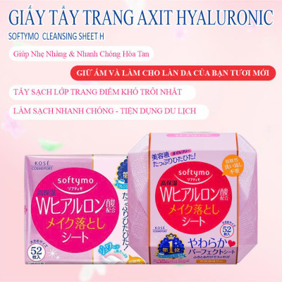 Khăn Giấy Tẩy Trang Dưỡng Ẩm Bổ Sung Hyaluronic Acid Kose Softymo Makeup Remover Sheet H (52 Tờ/Hộp)