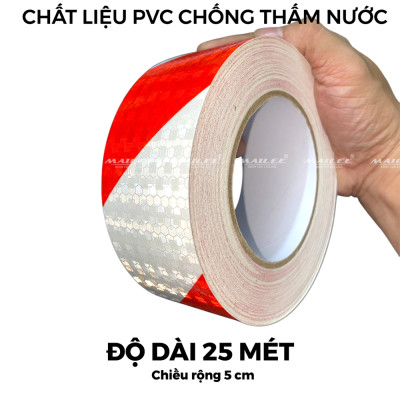 Cuộn Decan Phản Quang Dán Xe Tải Xe Rơ Mooc Mai Lee PQ-25DTS (25m x 5cm) Màu Đỏ Trắng Sọc Chéo, An Toàn Ban Đêm, Chất liệu PVC chống thấm nước