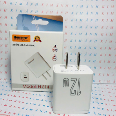 Củ sạc Ham mer H-S14, dòng điện 2.4A công suất 12W có 2 cổng (Type C và cổng USB), Check Qr hàng chính hãng