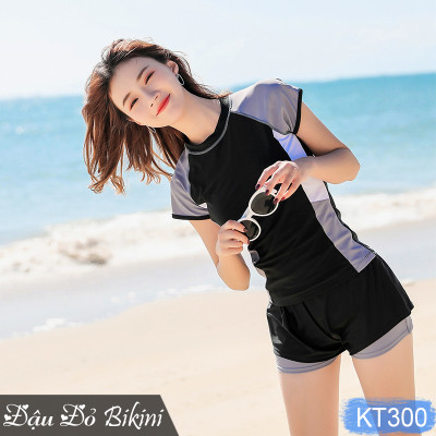 Đồ bơi nữ áo ngắn tay quần short đùi 2 lớp kín đáo, thiết kế trẻ trung, dấu bụng tốt, chất thun bơi Hàn cao cấp | KT300