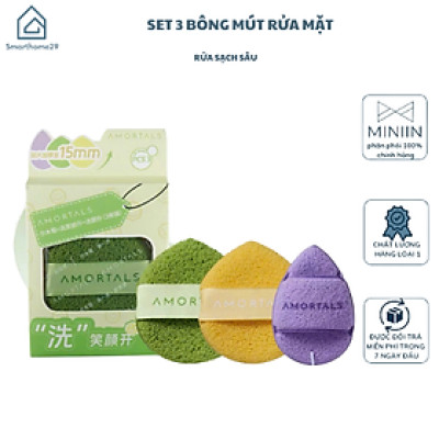 COMBO Hộp 3 Bông Mút Rửa Mặt Amortals, Mút Rửa Mặt Bọt Biển, Làm Sạch Mặt, Bông Mút Hình Giọt Nước - HÀNG CHÍNH HÃNG MINIIN