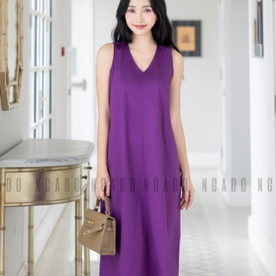Đầm tím cổ tim NGADO , đầm nữ , Đầm suông , Đầm thiết kế
