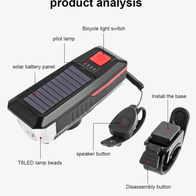 Đèn LED Xe Đạp Năng Lượng Mặt Trời Kèm Còi, Đèn Xe đạp Sạc bằng Năng Lượng Mặt Trời - USB Đèn Xe Đạp có Chuông Còi, Đèn Pin Xe Đạp chống nước có 3 chế độ sáng, sạc lại qua cổng USB, Chuông còi kêu to Phù Hợp Với Xe Đạp Leo Núi - Hàng Chính Hãng dododios