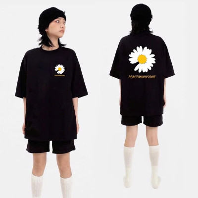 Áo Thun Nữ 100% Cotton Màu Đen In Hoa Cúc Trắng