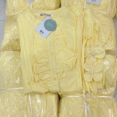 Váy sơ mi vàng bèo ngực đai hoa-Đầm nữ xinh