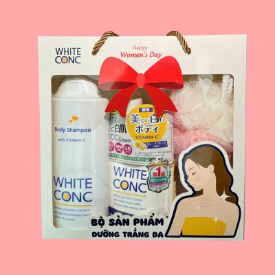 Combo White ConC Dưỡng Trắng Da (Sữa Tắm Trắng Da 360ml + Kem Dưỡng Trắng Da Toàn Thân 200g + Bông Tắm)