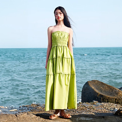 DOTTIE - Đầm ống maxi nhún eo - Xanh lá - D0597