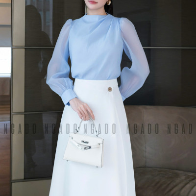 Set áo voan xanh váy trắng NGADO , set áo váy dài , set công sở