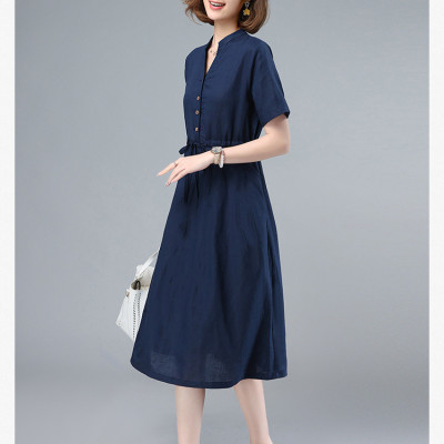 Đầm suông cổ tròn, chất liệu linen mặc dề chịu có dây thắt eo màu xanh đen da160