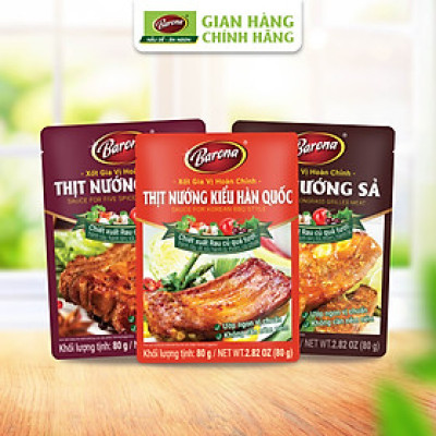 Combo Xốt gia vị hoàn chỉnh Barona: 1 gói Thịt Nướng Hàn Quốc (80gr) + 1 gói Thịt Nướng Ngũ Vị (80gr) + 1 gói Thịt Nướng Sả (80gr)