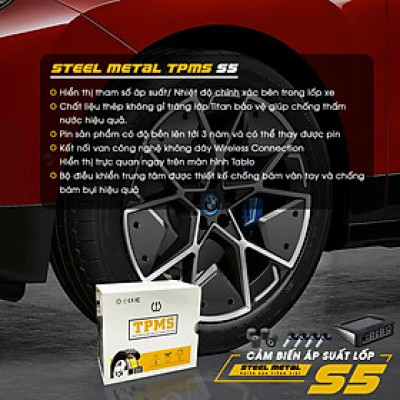 Cảm biến áp suất lốp ô tô xe hơi cao cấp STEEL METAL S5 TPMS Cảnh báo tiếng Việt độc quyền Pin mặt trời Màn LCD vios