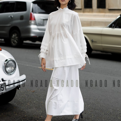Áo babydoll trắng NGADO , Áo kiểu nữ , Áo tay phồng cột nơ