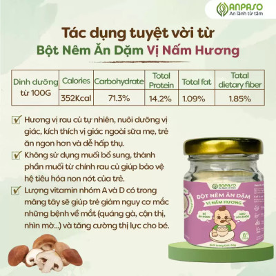 Bột Nêm Ăn Dặm Anpaso 60g - Vị Nấm Hương, Thực Phẩm Bổ Sung Dinh Dưỡng Cho Bé Ăn Dặm Cho Cả Gia Đình, Người Bị Bệnh Tim Mạch, Ăn Kiêng, Ăn Chay