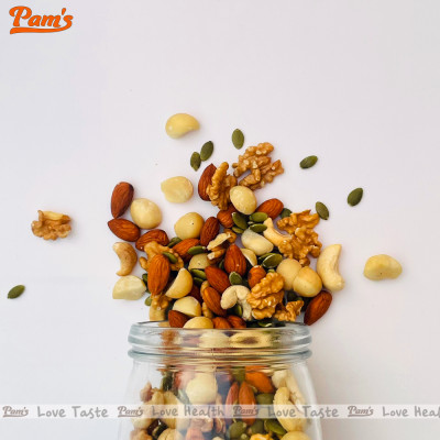 Hạt Dinh Dưỡng Tổng Hợp Mix 6 Loại Macca, Hạnh Nhân, Hạt Điều, Nhân Hạt Óc Chó, Hạt Bí, Nho Úc Pams