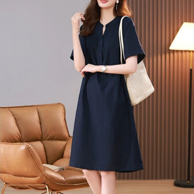 Đầm công sở cổ tàu phối nút, ngắn tay Hàn Quốc nữ trẻ trung, chất liệu Linen mềm mịn cao cấp Haint Boutique