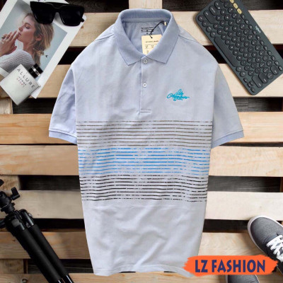 ÁO THUN NAM TAY NGẮN CỔ BẺ PHỐI SỌC NGANG, LOGO THÊU, TAY BO - LZPS151