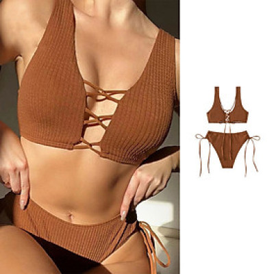 Sét bikini 2 mảnh quây cúp ngực khoen tròn màu trơn khoét eo đi biển sexy