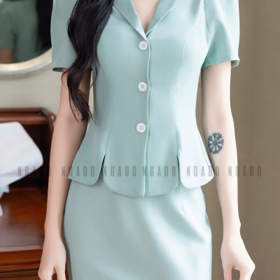 Set áo váy xanh mint bút chì NGADO , set áo váy dài , set công sở