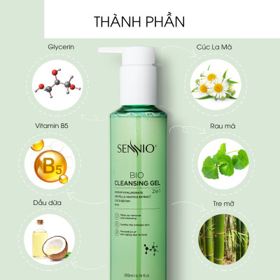 Nước tẩy trang không cồn Sennio Bio Gel Cleanser dạng gel thải độc 2 in 1 phù hợp cho da dầu mụn 200ml SNO 826