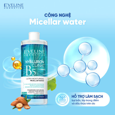 [Giá Chỉ 179k] Nước tẩy trang Eveline Hyaluron Clinic B5 và tinh chất rau má hỗ trợ làm dịu, dưỡng ẩm da 500ml