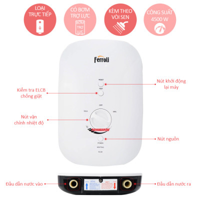 Máy nước nóng trực tiếp Ferroli slim DIVO SSP 4.500W, có bơm tăng áp - Hàng chính hãng
